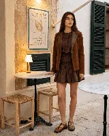 Blazer reversible de cuero 100% de cabrito, color marrón, con solapa clásica, cierre frontal con un botón y bolsillos funcionales.