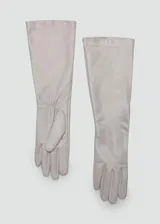 Guantes largos de cuero de piel ovino en color gris claro, con forro interior de poliéster.