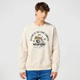 Buzo color crema de corte clásico con cuello redondo y puños y cintura acanalados. Estampado frontal con logo de la marca, un tigre y texto en negro.