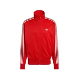 Campera deportiva Adidas Firebird Loose Pinstripes de color rojo, con cuello alto, cierre frontal completo y bolsillos laterales. Presenta el logo de la marca bordado en el pecho y las clásicas franjas laterales en las mangas en color blanco y negro.
