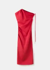 Vestido midi rojo de lino y lyocell, con diseño asimétrico de un hombro, manga corta y fruncidos laterales.