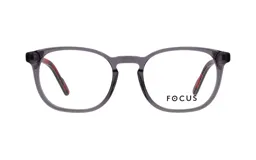 Lentes de armazón óptico con diseño redondeado en color gris traslúcido y detalles estampados en el interior de las patillas.