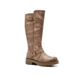 Bota marrón de caña alta con hebillas decorativas y suela track.