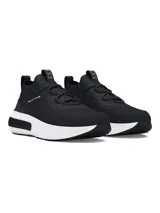 Championes Under Armour Phantom 4 de estilo urbano y deportivo, color negro con suela blanca. Presentan un diseño de cuello de punto tipo calcetín, contrafuerte de TPU en el talón y amortiguación UA HOVR+ para mayor retorno de energía.