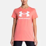 Remera Under Armour de mujer color rojo, de corte clásico y manga corta. Presenta el logo de la marca estampado en el pecho con diseño de animal print.