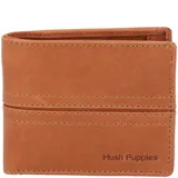 Billetera plegable de cuero natural color tostado, con costuras decorativas horizontales y logo de la marca grabado en la esquina inferior. Cuenta con múltiples compartimentos internos para tarjetas y documentos, además de tecnología de protección RFID.