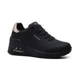 Championes deportivos Skechers modelo Street Uno Wedge, color negro con detalles metalizados en tono oro rosa en el talón. Presentan diseño de plataforma con cuña, entresuela con cámara de aire visible Skech-Air y plantilla Air-Cooled Memory Foam.
