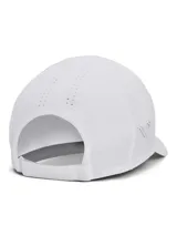Gorra deportiva Under Armour modelo W Velociti Low Adj, color blanco, de diseño ligero, elástico y transpirable con paneles perforados y logotipo reflectante.