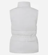 Chaleco acolchonado de cuello alto con cierre frontal y botones a presión. Presenta bolsillos laterales y cordones reguladores internos en la cintura para un ajuste personalizado.