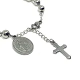 Pulsera rosario de mano hecha de acero con cuentas esféricas, medalla colgante con relieve y dije de cruz.