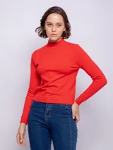 Polera color crema de tejido de punto, manga larga y cuello alto.