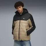 Campera acolchada Puma con capucha, diseño bicolor en negro y beige, cierre frontal completo y logo de la marca estampado en el pecho.