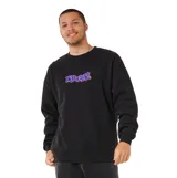 Buzo de cuello redondo Rip Curl, color negro, con estampado frontal del logo de la marca en estilo graffiti con letras en azul y borde rosado.