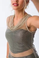 Vestido sin mangas de algodón color plateado con tejido de red.