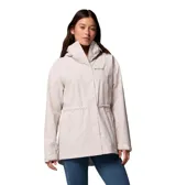 Campera impermeable larga Columbia Hikebound II Long de color gris, con tecnología Omni-Tech, cuello alto, capucha ajustable y cierre frontal con solapa. Cuenta con bolsillos laterales con cremallera y puños ajustables.