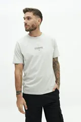 Remera de manga corta color beige con estampado gráfico en la espalda que representa el edificio Chrysler de Nueva York y texto descriptivo.