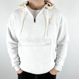 Canguro gris melange de algodón con felpa, capucha y bolsillo tipo sobre. Presenta cordón beige y logo Duxon bordado en el pecho.