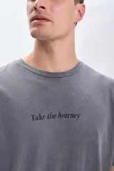 Remera gris de corte oversize con cuello redondo y mangas cortas. Estampado frontal con la frase "Take the Journey".