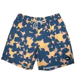 Short de baño Quiksilver modelo Handtman Coronet, con estampado floral en tonos azules, amarillos y rosados. Cuenta con cintura elástica con cordón ajustable blanco y negro, y parche con el logo de la marca en la pierna izquierda.