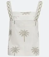 Musculosa blanca de algodón con estampado de palmeras, escote cuadrado y tirantes anchos contrastantes.