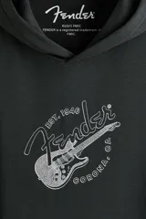 Canguro negro H&M con capucha, bolsillo frontal tipo canguro y diseño gráfico de Fender en el pecho.