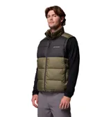 Chaleco acolchado Columbia modelo Pike Lake II Vest Omni-Heat, con diseño bicolor en tonos verde militar y negro. Cuenta con cuello alto, cierre frontal completo y bolsillos laterales con cremallera.