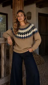 Buzo de lana merino con diseño de tejido nórdico en el canesú, combinando tonos tierra, crudo y negro. Presenta cuello redondo, mangas largas y puños y ruedo acanalados.