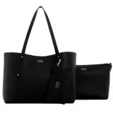 Cartera tipo tote Guess modelo Brenton, color negro con textura granulada. Incluye un sobre pequeño desmontable y un neceser interior a juego, ambos con logo de la marca en letras metálicas doradas.