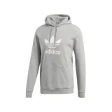 Canguro gris con capucha y cordones ajustables, logo Adidas Trefoil estampado en blanco en el pecho y bolsillo tipo canguro.