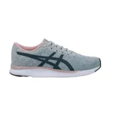 Championes de running Asics modelo Streetwise, color gris jaspeado con detalles en azul oscuro y rosado. Presentan suela blanca con amortiguación y diseño ergonómico.