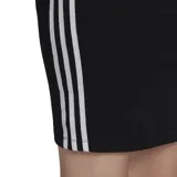 Vestido Adidas negro con tirantes finos y corte ajustado. Presenta las tres rayas blancas clásicas de Adidas en los laterales y el logo de la marca bordado en el pecho.