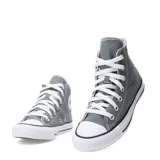 Championes de lona Converse modelo Chuck Taylor All Star Hi, de caña alta en color gris, con puntera de goma blanca, cordones blancos y suela de goma con franja negra.