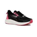 Championes Avia modelo Ron para mujer, de color negro con detalles en fucsia y suela blanca con base fucsia. Confeccionados en malla respirable con refuerzos sintéticos y cordones negros.