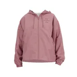 Campera deportiva New Balance color rosa con capucha ajustable con cordón, cierre frontal completo, bolsillos laterales con cremallera, mangas largas con puños elásticos y bajo elástico. Logotipo gráfico estampado en el pecho.