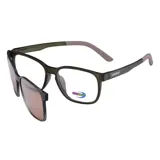 Lentes con armazón verde militar y sistema clip-on polarizado con cristales oscuros.