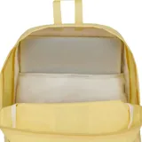 Mochila JanSport Superbreak Plus FX color amarillo con estampado de flor y texto.