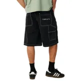 Bermuda de denim Rip Curl modelo Nu Dose Denim Walk 22", color negro con costuras en contraste de color blanco. Presenta bolsillos laterales tipo carpintero y presillas para cinturón.