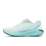 Zapatillas de trail running Merrell Morphlite para mujer, color celeste con detalles en blanco, gris y verde.