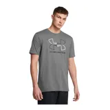 Remera gris de Under Armour con logo estampado en el pecho. Tela ligera, suave y de secado rápido.