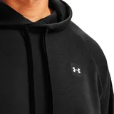 Canguro Under Armour de hombre, color negro, corte suelto, confeccionado en tela de polar con mezcla de algodón, con interior cepillado, gorro cruzado ajustable, bolsillo frontal tipo canguro, dobladillo y puños acanalados, mangas raglán y logotipo de parche tejido.