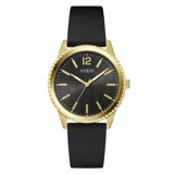 Reloj analógico Guess con caja redonda de acero en tono dorado y esfera negra con acabado texturizado. Cuenta con índices y manecillas doradas, y correa de silicona negra.