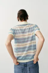 Polo de punto de manga corta con diseño a rayas horizontales en tonos celestes, blancos y finas líneas marrones. Cuenta con cuello clásico y cierre frontal parcial con botones.