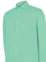 Camisa de manga larga de algodón orgánico color verde menta RKF, con cuello italiano y logo bordado en el pecho.
