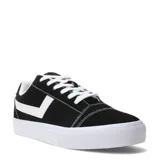 Championes urbanos Pony de corte bajo, color negro con detalles en blanco, confeccionados en gamuza con suela de goma blanca y cierre de cordones.