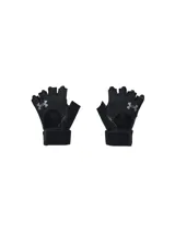 Guantes de entrenamiento sin dedos Under Armour, color negro, con palma de cuero para mayor agarre y protección. Incluyen muñequera elástica con correa ajustable para soporte adicional y tejido transpirable en el dorso de la mano.