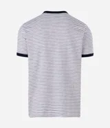 Remera de manga corta con diseño rayado y textura perforada. Presenta cuello redondo en color azul marino y corte clásico.