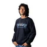 Buzo de cuello redondo Thrasher, color azul marino, con estampado frontal gráfico que incluye el logo de la marca, un gato y marcas de garras.