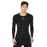 Remera deportiva negra de manga larga con cuello redondo y logo de Puma estampado en blanco en el pecho.