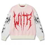Sweater de tejido de punto con cuello redondo, mangas largas de color blanco con detalles negros estampados y cuerpo de color rosado con gran estampado frontal en color rojo. Cuenta con puños, cuello y ruedo en rib blanco.