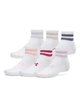 Pack de seis pares de medias de media caña Under Armour, color blanco con detalles de rayas horizontales de distintos colores en el puño y logo de la marca bordado.